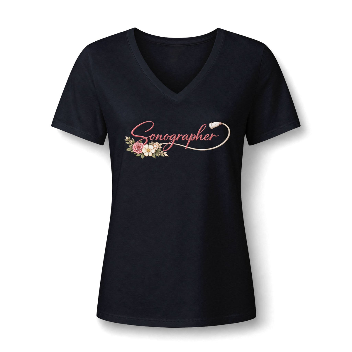 Elegant Floral Sonographer V-neck tee with Sonographer in pink script ending in a transducer cord, with blush roses, in Black, by Sono Graphics