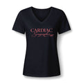 Elegant Cardiac Sonographer Flourish V-neck tee with CARDIAC in serif capitals over Sonographer in coral script, in Black, by Sono Graphics