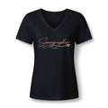 Elegant Sonographer Flourish sonographer V-neck tee with Sonographer in coral-to-gold script, RDMS and a leaf flourish, in Black, by Sono Graphics