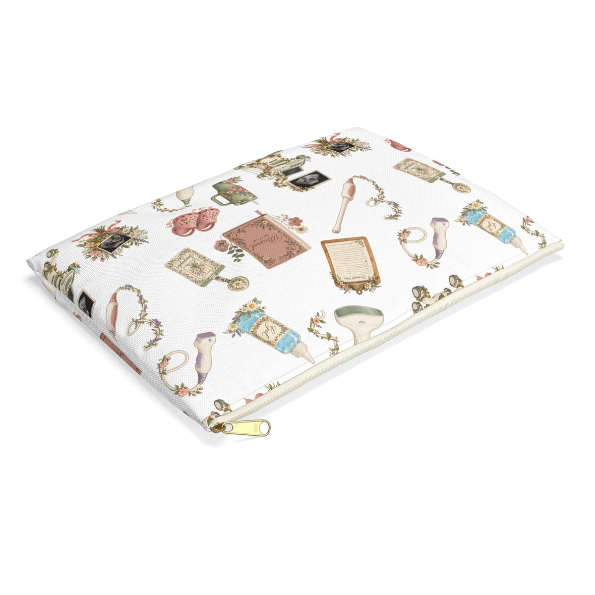White Floral Ultrasound Tech Accessory Pouch - Makeup Bag, Pencil Pouch