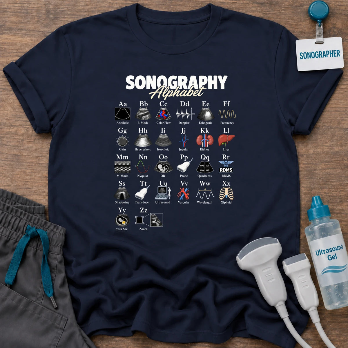 General Sonography Alphabet sonographer t-shirt with a “Sonography Alphabet” chart with ultrasound-image icons from Anechoic and B-Mode to Yolk Sac and Zoom, in Navy, by Sono Graphics