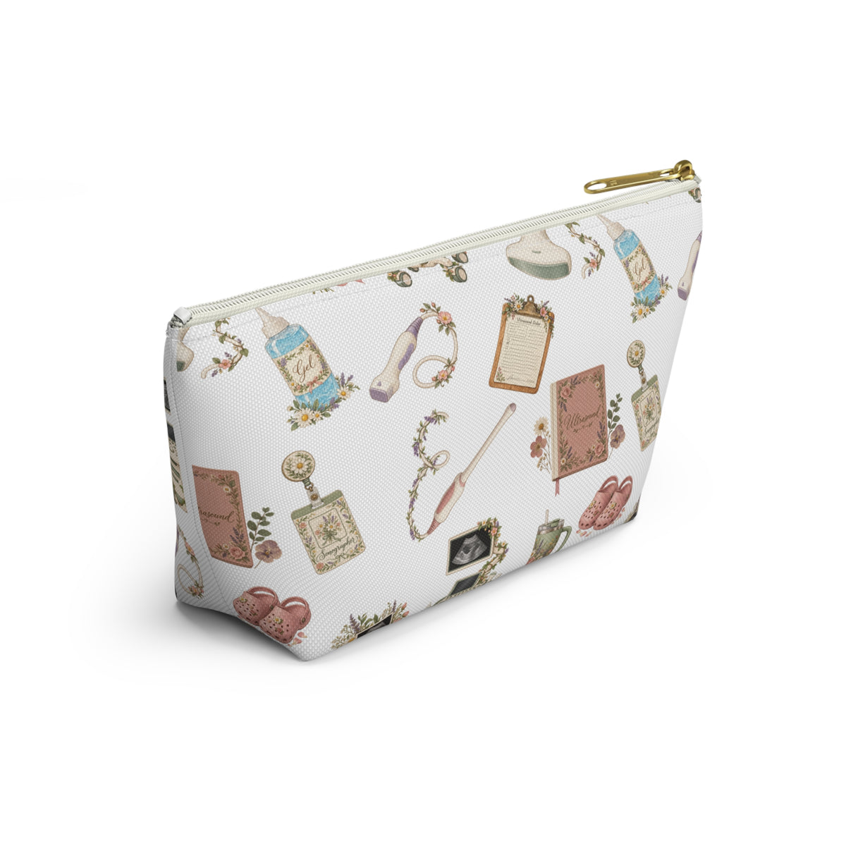 White Floral Ultrasound Tech Accessory Pouch - The tapered T-bottom