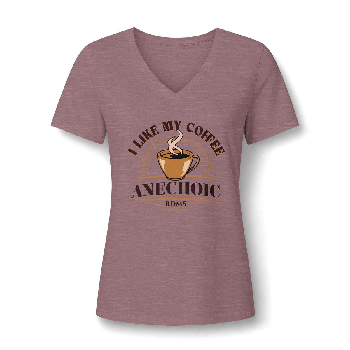 I Like My Coffee Anechoic sonographer V-neck tee with a black coffee cup and I Like My Coffee Anechoic RDMS in retro type, in Heather Mauve, by Sono Graphics
