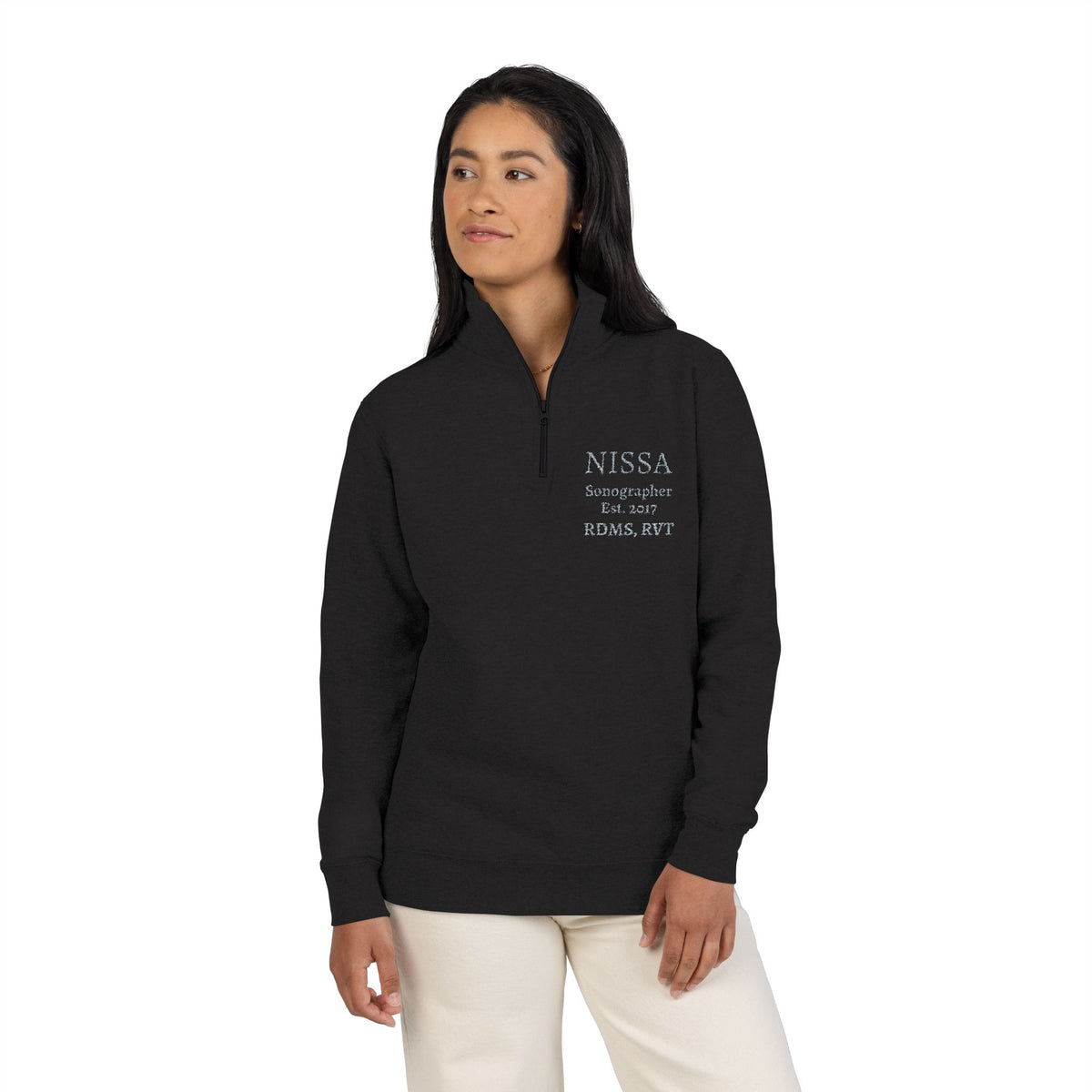 Embroidered Quarter‑Zip Fleece Pullover — Minimal 'Nissa' Chest Patch