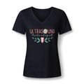 Ultrasound Technologist Daisy V-neck tee with Ultrasound Technologist in pink lettering, a daisy, a transducer and green leaves, in Black, by Sono Graphics