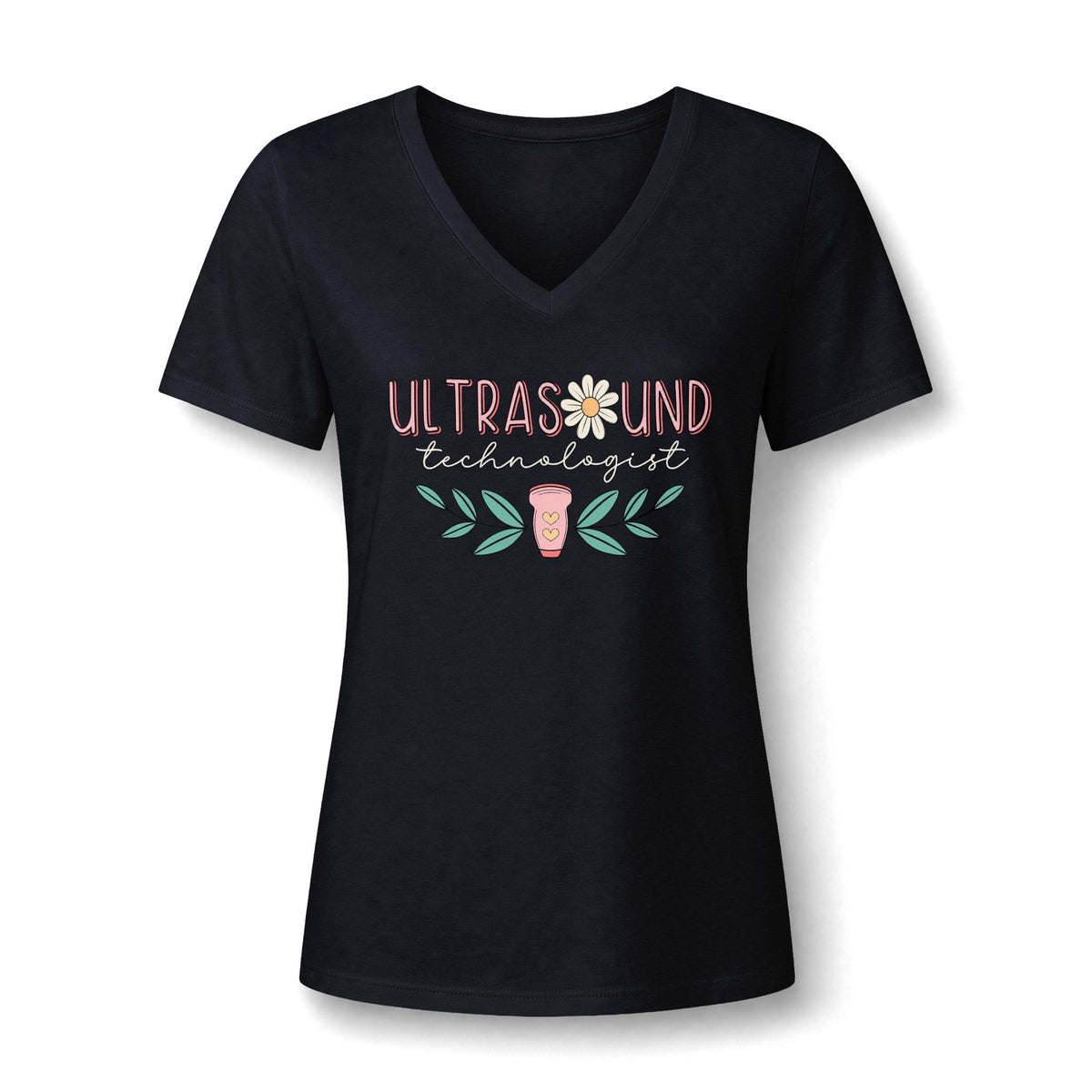 Ultrasound Technologist Daisy V-neck tee with Ultrasound Technologist in pink lettering, a daisy, a transducer and green leaves, in Black, by Sono Graphics