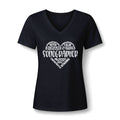 Sonographer's Heart V-neck tee with a heart made of words like patient, calm, compassionate and strong around SONOGRAPHER, in Black, by Sono Graphics