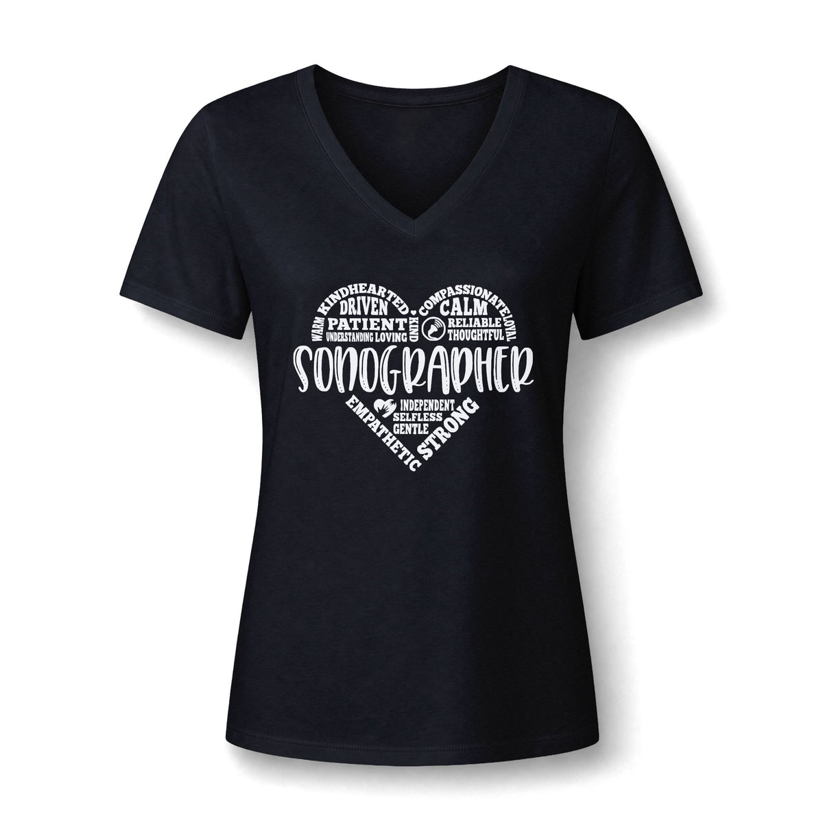 Sonographer's Heart V-neck tee with a heart made of words like patient, calm, compassionate and strong around SONOGRAPHER, in Black, by Sono Graphics