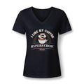I Like My Coffee Hyperechoic sonographer V-neck tee with a steaming coffee cup and I Like My Coffee Hyperechoic RDMS in retro type, in Black, by Sono Graphics