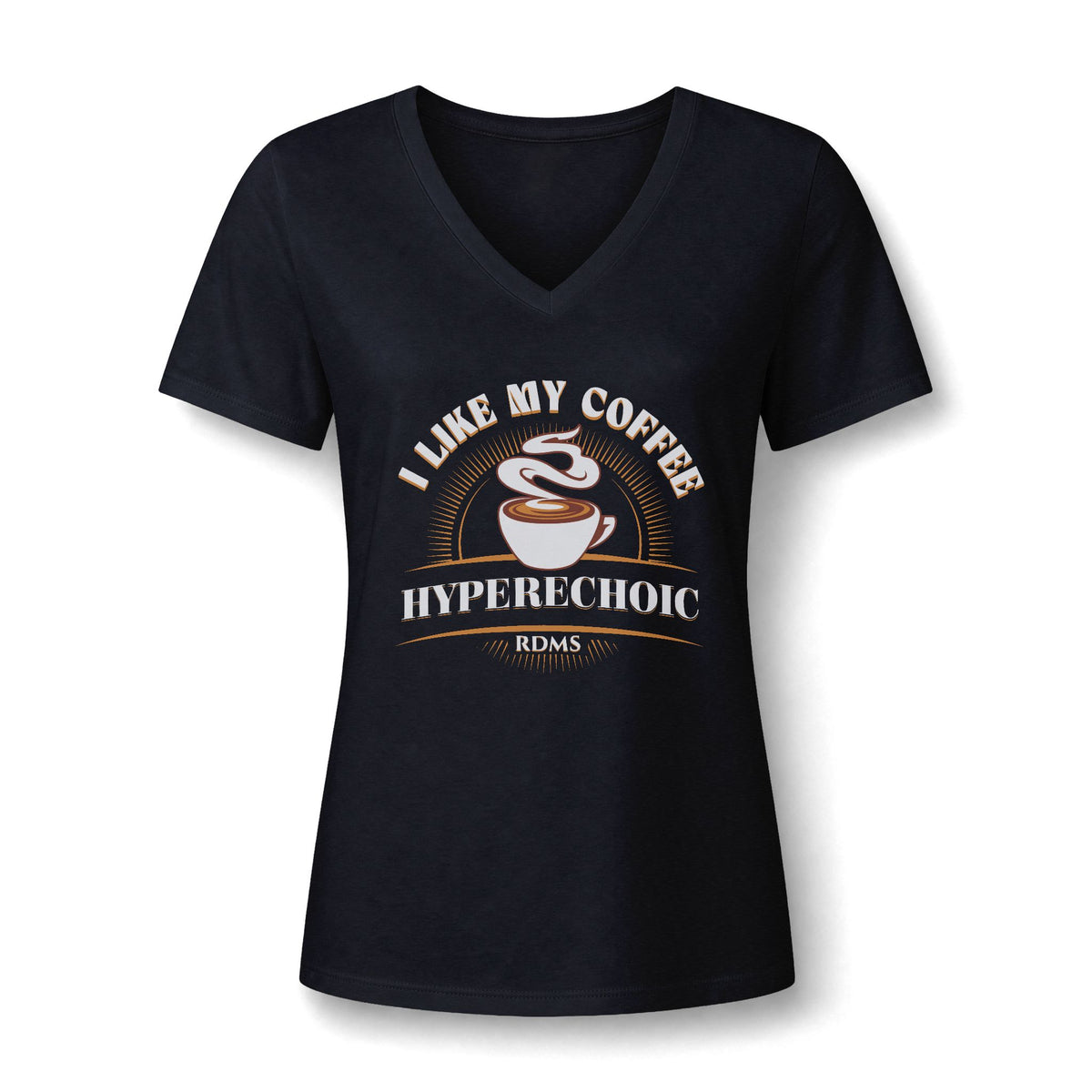 I Like My Coffee Hyperechoic sonographer V-neck tee with a steaming coffee cup and I Like My Coffee Hyperechoic RDMS in retro type, in Black, by Sono Graphics