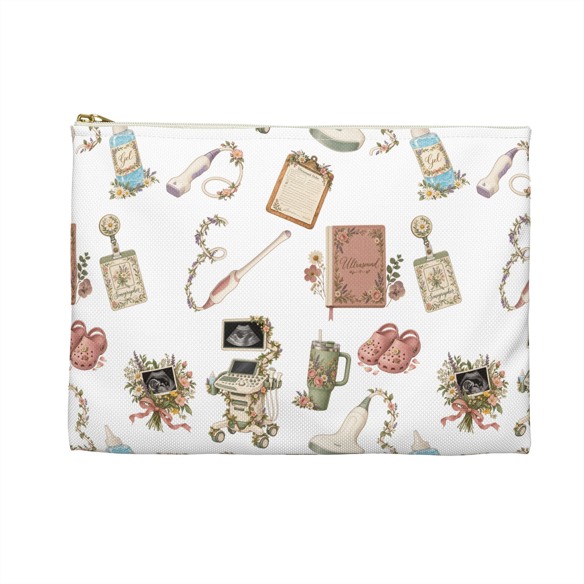 White Floral Ultrasound Tech Accessory Pouch - Makeup Bag, Pencil Pouch