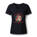 Go With the Flow Echo V-neck tee with an anatomical heart in red roses and teal leaves and the word Echocardiographer, in Black, by Sono Graphics