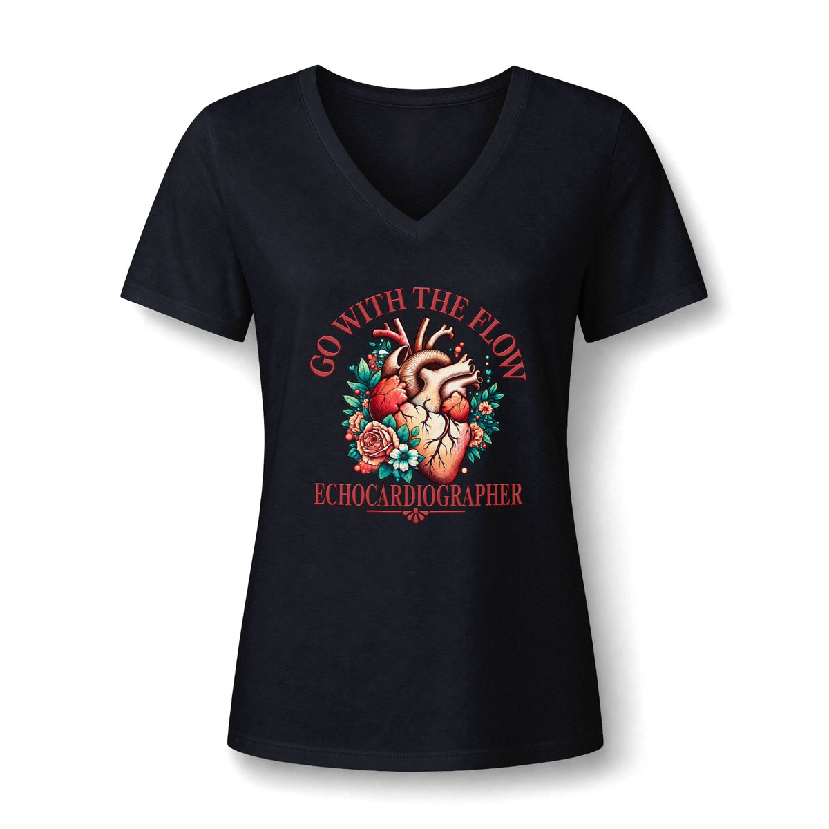Go With the Flow Echo V-neck tee with an anatomical heart in red roses and teal leaves and the word Echocardiographer, in Black, by Sono Graphics