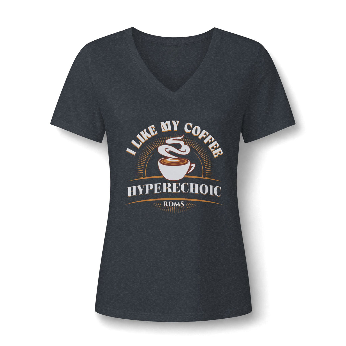 I Like My Coffee Hyperechoic sonographer V-neck tee with a steaming coffee cup and I Like My Coffee Hyperechoic RDMS in retro type, in Dark Grey Heather, by Sono Graphics