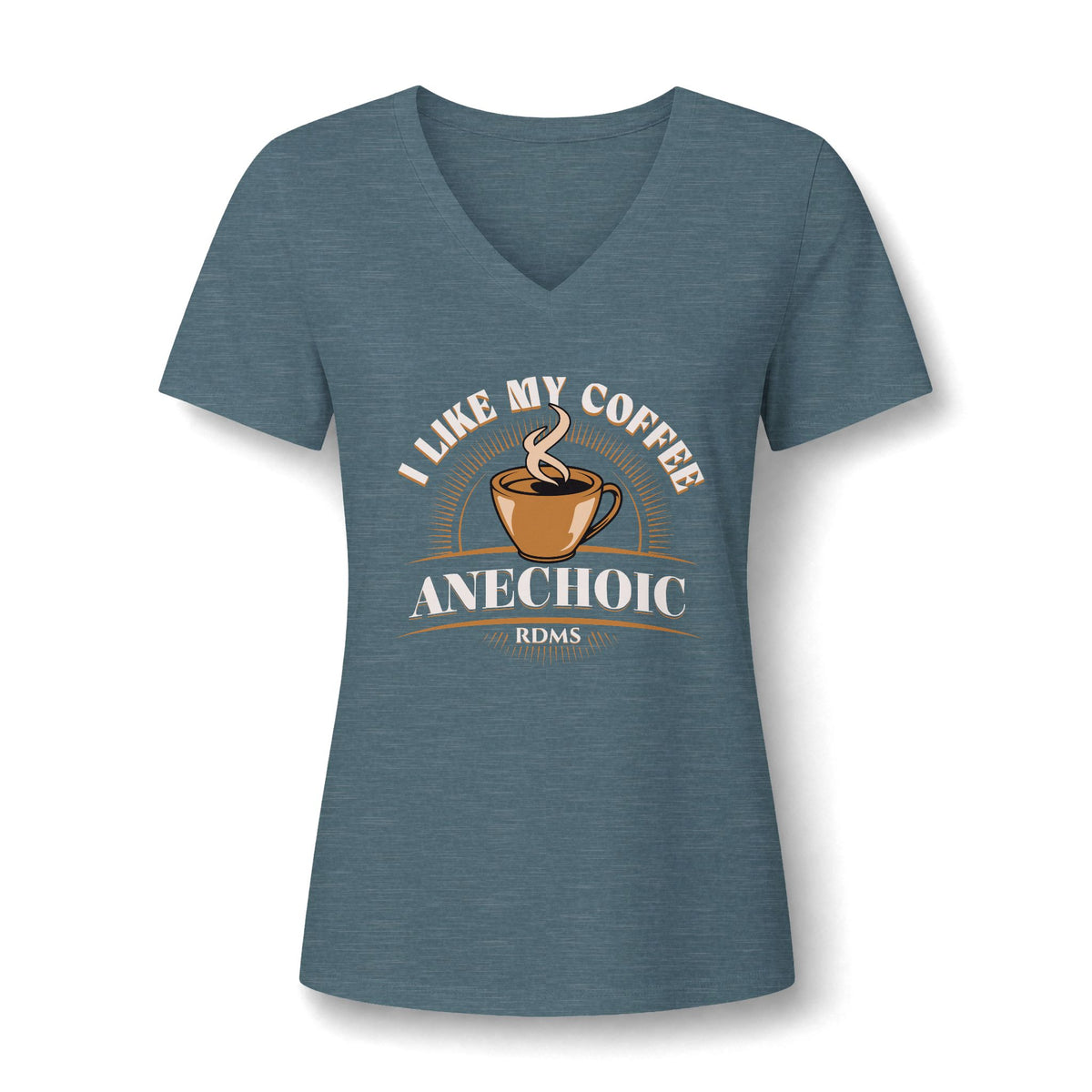 I Like My Coffee Anechoic sonographer V-neck tee with a black coffee cup and I Like My Coffee Anechoic RDMS in retro type, in Heather Slate, by Sono Graphics