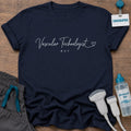 Cursive Heart Vascular Technologist t-shirt with “Vascular Technologist” in delicate white script with a small heart and RVT underneath, in Navy, by Sono Graphics