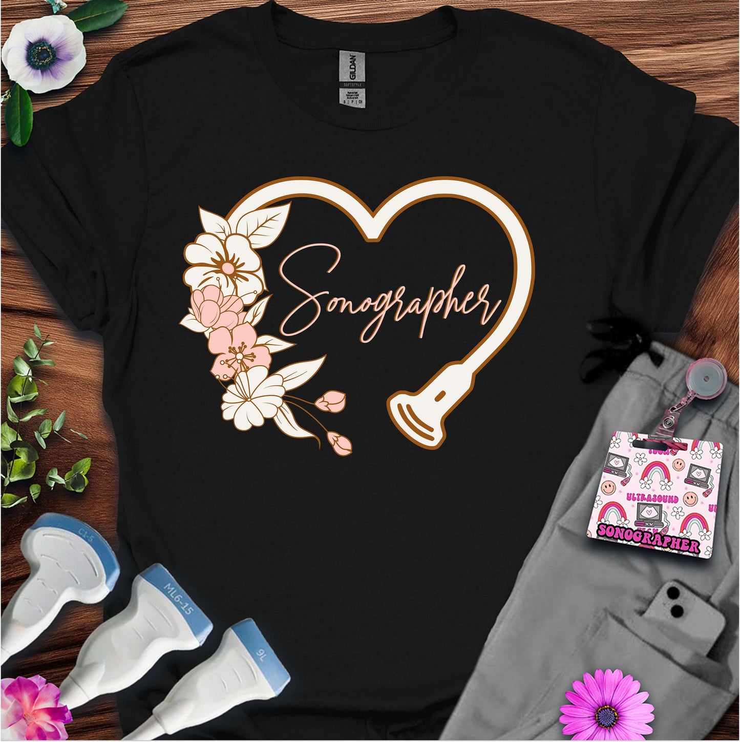 "Floral Sonographer Heart" T-shirt