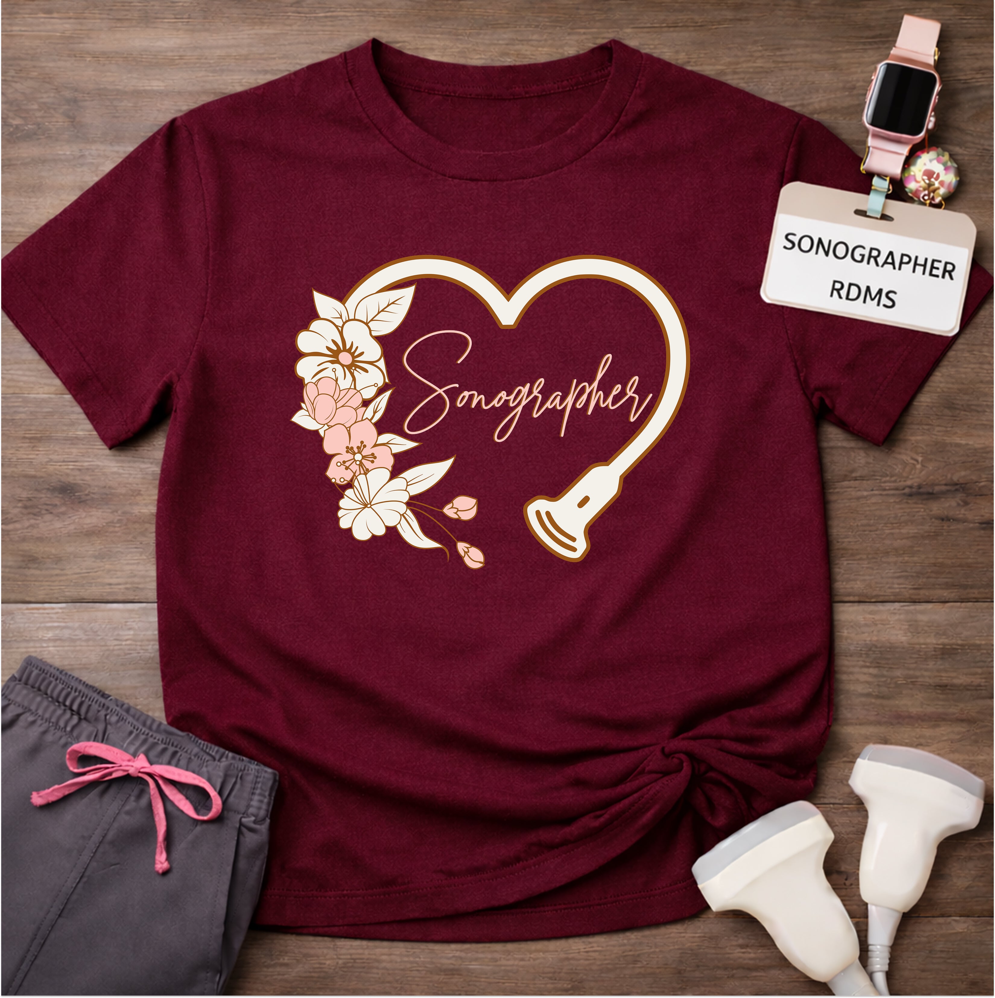 "Floral Sonographer Heart" T-shirt