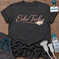 Elegant Floral Echo Tech t-shirt for cardiac sonographers with Echo Tech in coral script and blush florals, in Dark Heather, by Sono Graphics