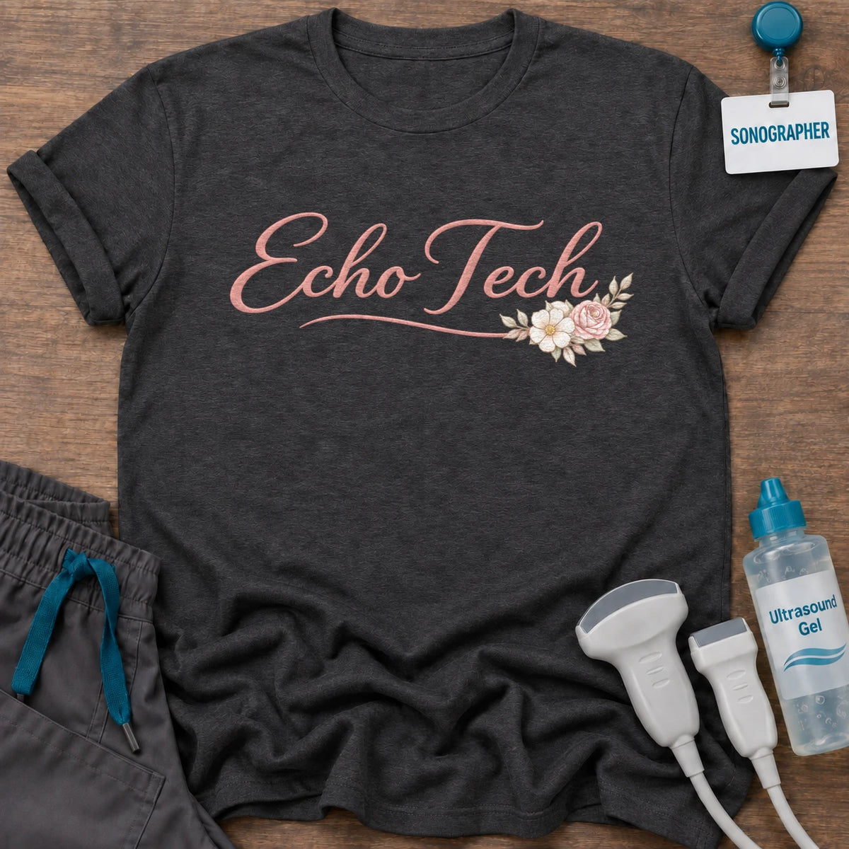 Elegant Floral Echo Tech t-shirt for cardiac sonographers with Echo Tech in coral script and blush florals, in Dark Heather, by Sono Graphics