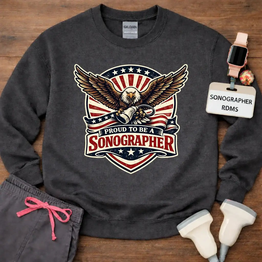 Dark gray sweatshirt with 'Proud to be a Sonographer' design for ultrasound techs.