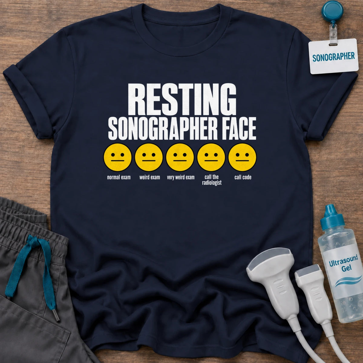 Resting Sonographer Face t-shirt with five emoji faces from normal exam to call the radiologist, in Navy, by Sono Graphics