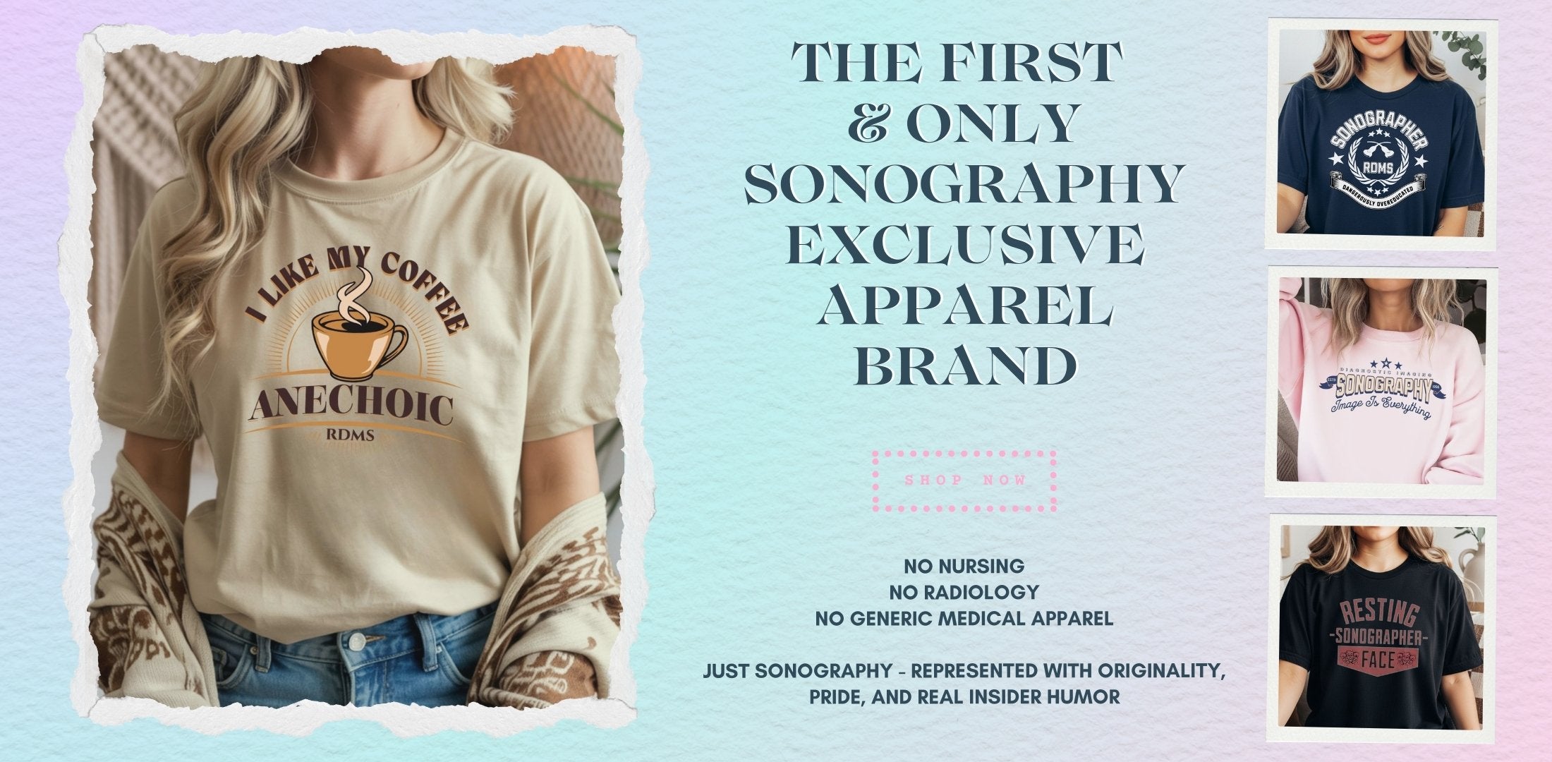 Promotional banner for a sonography-exclusive apparel brand with t-shirts and text.