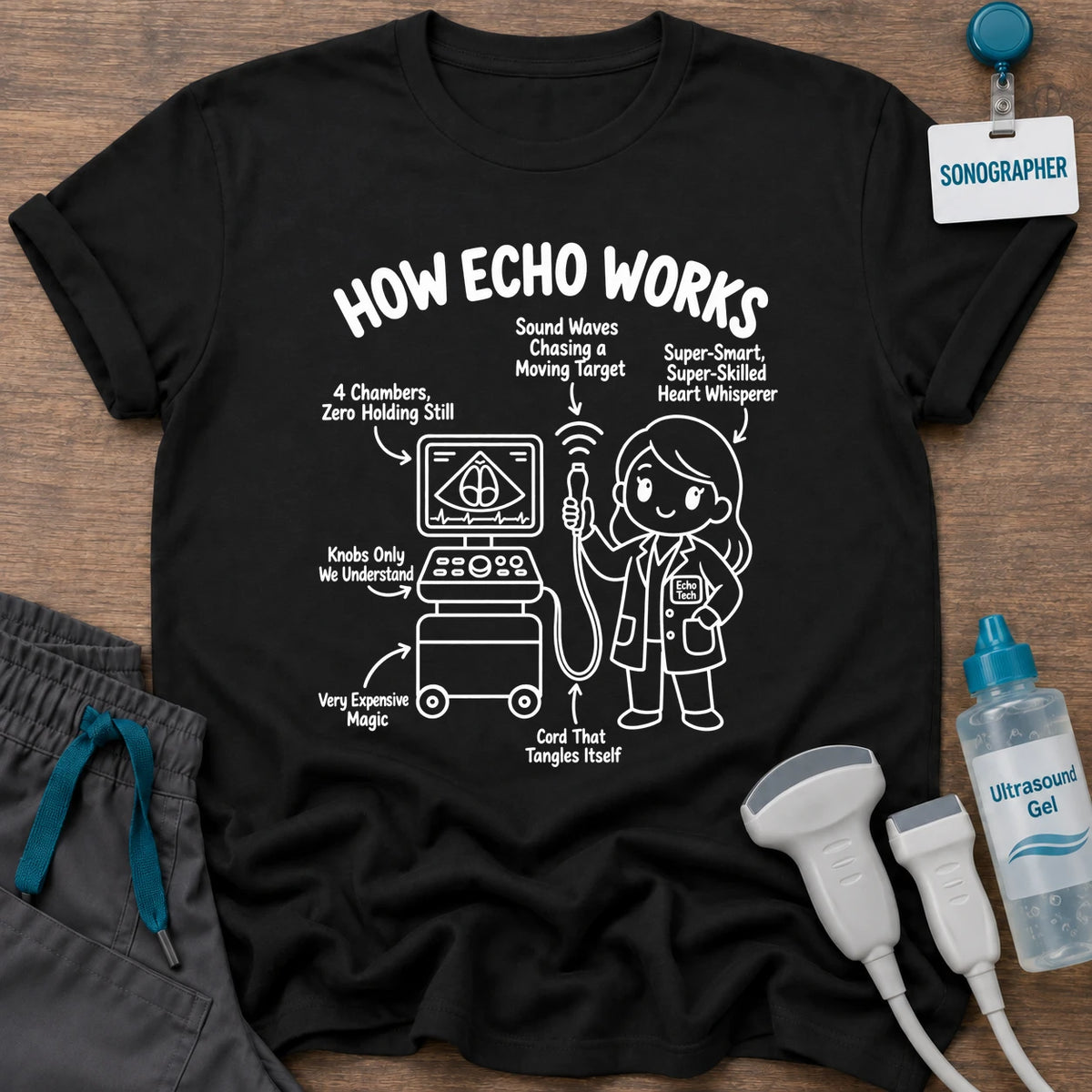 How Echo Works t-shirt with a line-art diagram of a female echo tech at an ultrasound machine with funny labels like “4 Chambers, Zero Holding Still”, in Black, by Sono Graphics