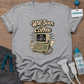 Will Scan for Coffee Retro Ultrasound sonographer t-shirt with a vintage ultrasound machine showing a cup of coffee on the screen under the words “Will Scan for Coffee”, in Sport Grey, by Sono Graphics