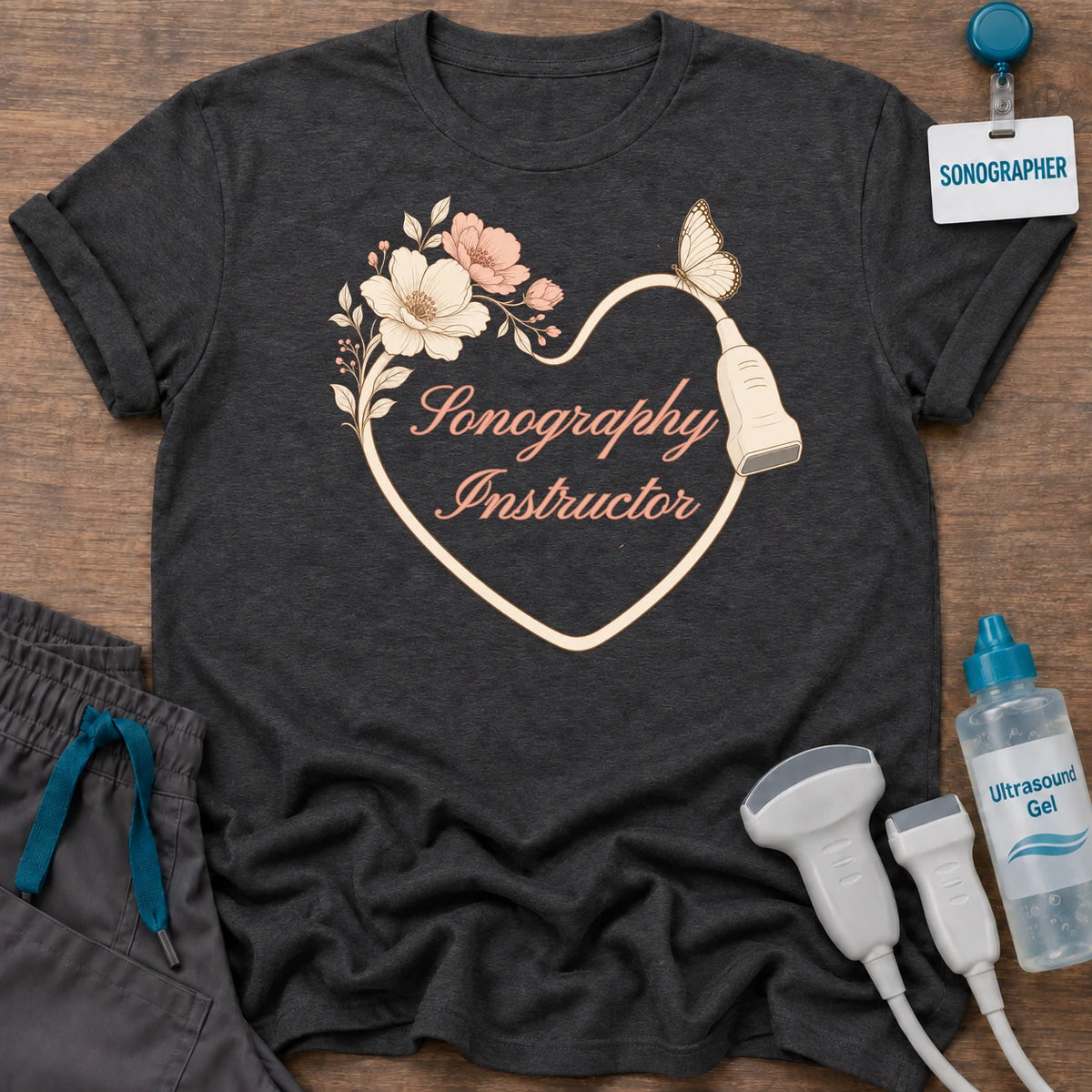 Sonography Instructor Floral Heart t-shirt with a heart drawn by a transducer cord with blush flowers, a butterfly and “Sonography Instructor” in peach script, in Dark Heather, by Sono Graphics