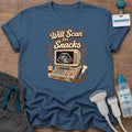 Will Scan for Snacks Retro Ultrasound sonographer t-shirt with a vintage ultrasound machine showing snacks on the screen under the words “Will Scan for Snacks”, in Indigo Blue, by Sono Graphics