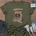 Will Scan for Pizza Retro Ultrasound sonographer t-shirt with a vintage ultrasound machine showing a slice of pizza on the screen under the words “Will Scan for Pizza”, in Military Green, by Sono Graphics