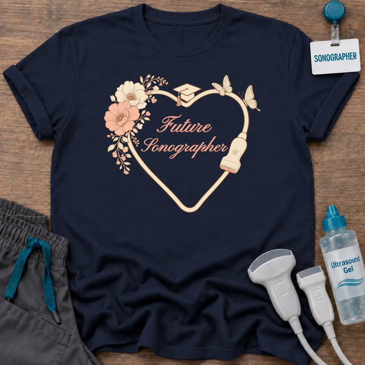 Future Sonographer Floral Heart sonography student t-shirt with a heart drawn by a transducer cord with blush flowers, a graduation cap, butterflies and “Future Sonographer” in peach script, in Navy, by Sono Graphics