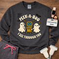 Peek-A-Boo I See Through You Halloween sonography sweatshirt with two ghosts and an ultrasound machine, in Dark Heather, by Sono Graphics
